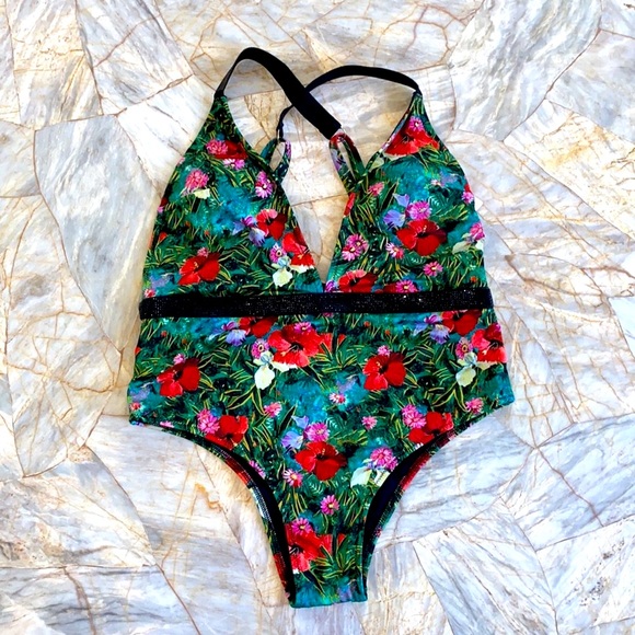 Victoria’s Secret BLING ONE PIECE SWIMSUIT Shine Strap Logo Gorgeous Tropical XL